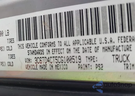 2012 Ram 2500 St z USA, uszkodzony, nr VIN 3C6TD4CT5CG100519